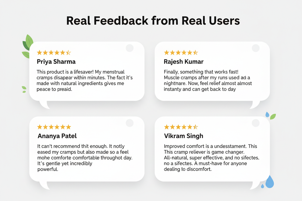 an image which shows 5 stars and some review texts with indian names on top about the benefit of this cramp reliever. it should look like human talking and the heading should say "real feedback from real users" 