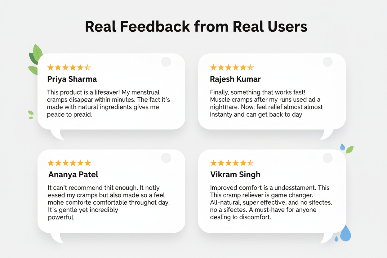 an image which shows 5 stars and some review texts with indian names on top about the benefit of this cramp reliever. it should look like human talking and the heading should say "real feedback from real users" 